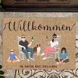 Personalisierte Fussmatte 70x50cm Willkommen mit Namen und Familienillustration mit Haustier von Love & Faith