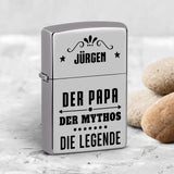 Silber Benzinfeuerzeug mit Namensgravur und Papa, Mythos, Legende Spruch personalisiert zum Vatertag von Love & Faith