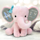Rosa Kuscheltier Elefant zur Geburt mit Name und Geburtsdaten mit rosa Schleife gedruckt von Love & Faith