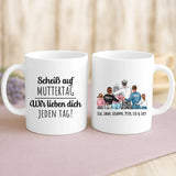 Weiße Tasse zum Muttertag mit personalisierten Zeichnungen und Namen – individuelle Geschenkidee von Love & Faith