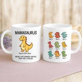 Weiße Tasse mit Mamasaurus Spruch und DinosaurierNamen – individuelle Geschenkidee von Love & Faith