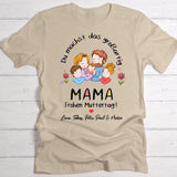 Beiges T-Shirt für Frauen mit Spruch "Mama Frohen Muttertag" Mit personalisierter Familienzeichnung und Namen - Individuelle Geschenkidee zum Muttertag von Love & Faith