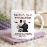 Weiße Tasse für Vatertag mit Illustration und Namen – Vatertag Geschenkidee von Love & Faith
