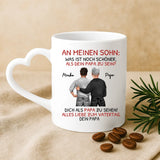 Weiße Tasse mit Herzhenkel für Vatertag mit Illustration und Namen – Vatertag Geschenkidee von Love & Faith