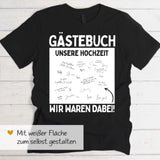 schwarzes T-Shirt mit Fläche für Unterschriften als Party-Gästebuch Hochzeitsidee von Love & Faith