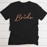 Schwarzes Damen T-Shirt Brustdruck "Bride" als personalisiertem Spruch als Hochzeitsgeschenkidee von Love & Faith
