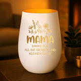 weiß gold Windlicht graviert mit Danke Mama und Kindernamen personalisiert von Love & Faith