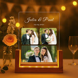 Leuchtender eckiger LED Aufsteller zur Erinnerung an die Hochzeit mit bis zu 3 eigenen Fotos und Datum mit Holzsockel als Geschenkidee von Love & Faith