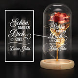 Ewige Rose "Schön, dass es dich gibt" in der Glaskuppel mit LED Licht personalisiert von Love & Faith