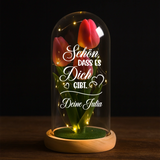 Ewige Tulpe "Schön, dass es dich gibt" in der Glaskuppel mit LED Licht personalisiert von Love & Faith