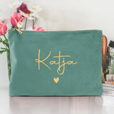 Personalisierte Samt jade Kosmetiktasche für MakeUp und Kosmetika mit Namen von Love & Faith