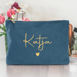 Personalisierte Samt blau Kosmetiktasche für MakeUp und Kosmetika mit Namen von Love & Faith
