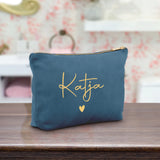 Personalisierte Samt blau Kosmetiktasche für MakeUp und Kosmetika mit Namen von Love & Faith