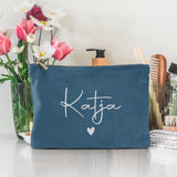 Personalisierte Samt blau silber Kosmetiktasche für MakeUp und Kosmetika mit Namen von Love & Faith