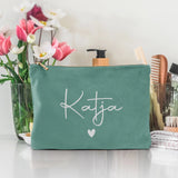 Personalisierte Samt jade silber Kosmetiktasche für MakeUp und Kosmetika mit Namen von Love & Faith