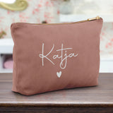 Personalisierte Samt rosequartz silber Kosmetiktasche für MakeUp und Kosmetika mit Namen von Love & Faith