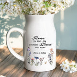 Weiße Vase mit Henkel mit Mama-Spruch und Namen Muttertagsidee von Love & Faith
