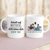 Weiße Tasse zum Muttertag mit personalisierten Zeichnungen und Namen – individuelle Geschenkidee von Love & Faith