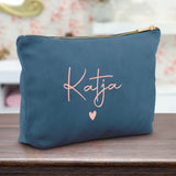 Personalisierte Samt Kosmetiktasche blau rosemetallic zum selbst gestalten mit Namen mit Love & Faith