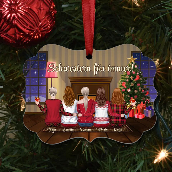 Personalisierter Weihnachtasbaumanhänger mit 5 illustrierten Personen und Namen von Love & Faith