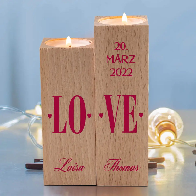 LOVE - Paar-Holz-Teelichthalter