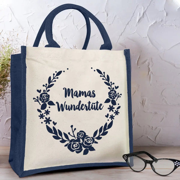 Jutetasche Natur blaue Henkel "Mamas Wundertüte" personalisierte Geschenkidee zum Muttertag von Love & Faith