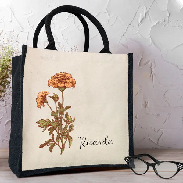 Jutetasche Natur mit schwarzen Trägern und Blumendruck und Namen - Geschenkidee personalisiert von Love & Faith