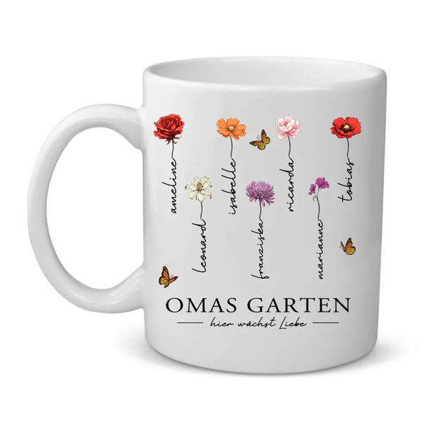 Hier wächst Liebe - Personalisierte Blumen-Tasse für Oma und Mama