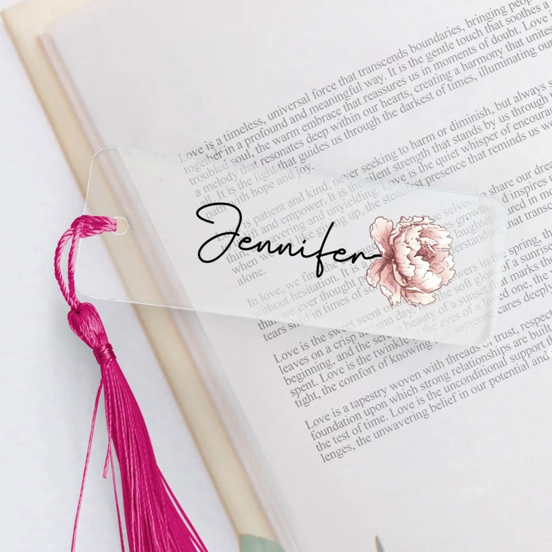 transparentes Lesezeichen mit pinker Kordel mit Grafik personalisierbar - gefertigt von Love & Faith