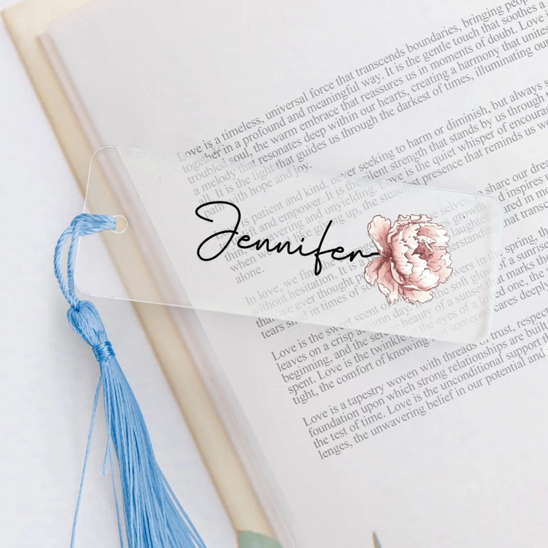 transparentes Lesezeichen mit himmelblauer Kordel mit Grafik personalisierbar - gefertigt von Love & Faith