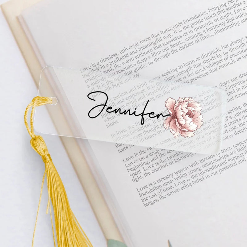 transparentes Lesezeichen mit gelber Kordel mit Grafik personalisierbar - gefertigt von Love & Faith