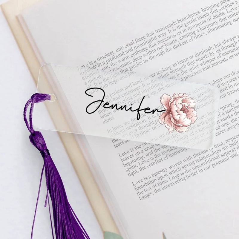 transparentes Lesezeichen mit violetter Kordel mit Grafik personalisierbar - gefertigt von Love & Faith