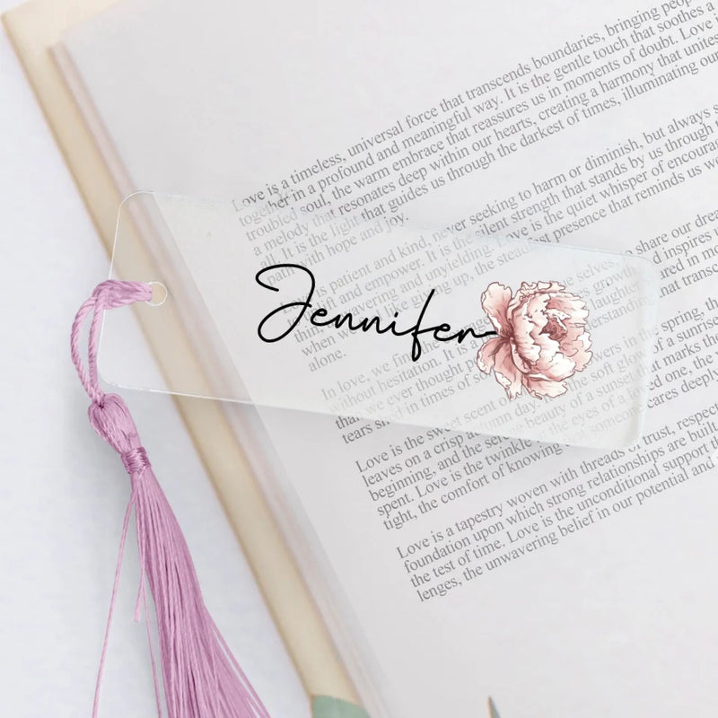 transparentes Lesezeichen mit rosa Kordel mit Grafik personalisierbar - gefertigt von Love & Faith