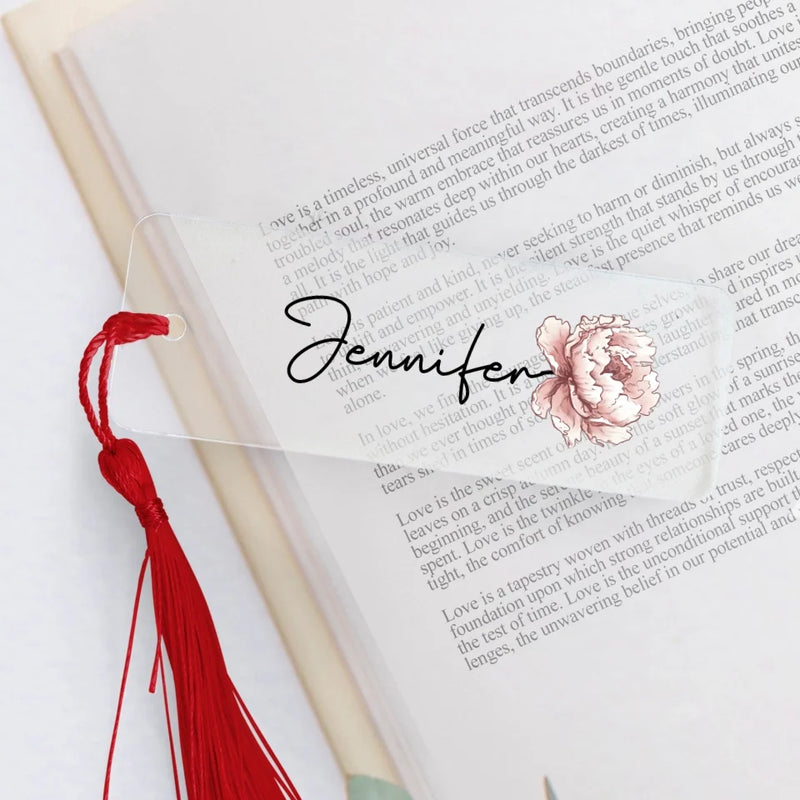 transparentes Lesezeichen mit roter Kordel mit Grafik personalisierbar - gefertigt von Love & Faith