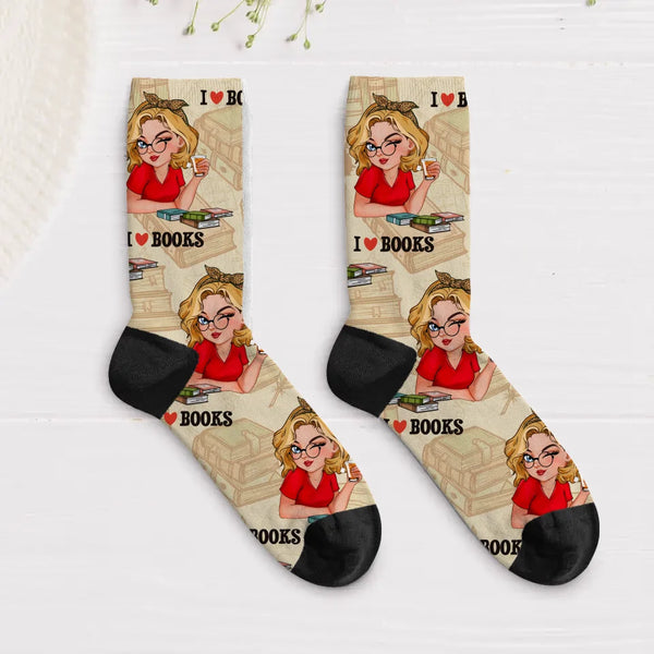 Offizielle Lesesocken mit personalisierter Frau und "I love Books"-Spruch Größe 43-46 gedruckt von Love & Faith