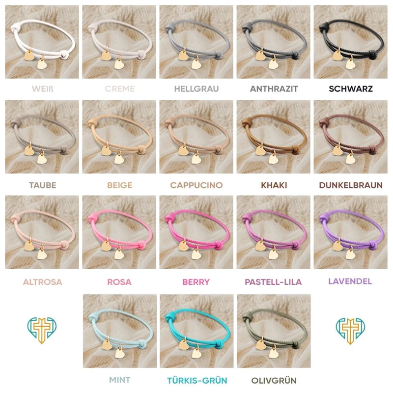 Personalisiertes PU-Lederarmband mit 2 gravierten Gold-Herz-Anhängern mit Initialen in verschiedenen Farben - gefertigt von Love & Faith