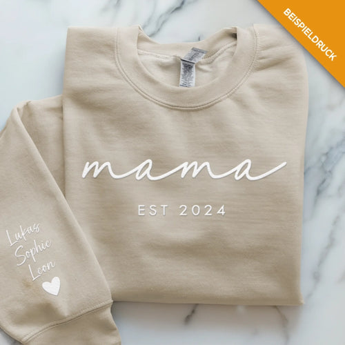 beiger Pullover personalisierbar Mama Slogan mit Kindernamen - gefertigt von Love & Faith