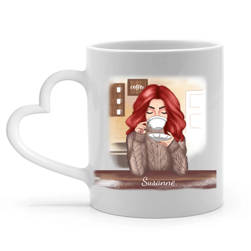 Personalisierbare Tasse Henkel in Herzform mit eigenem Spruch, Illustration und Namen - gefertigt von Love & Faith
