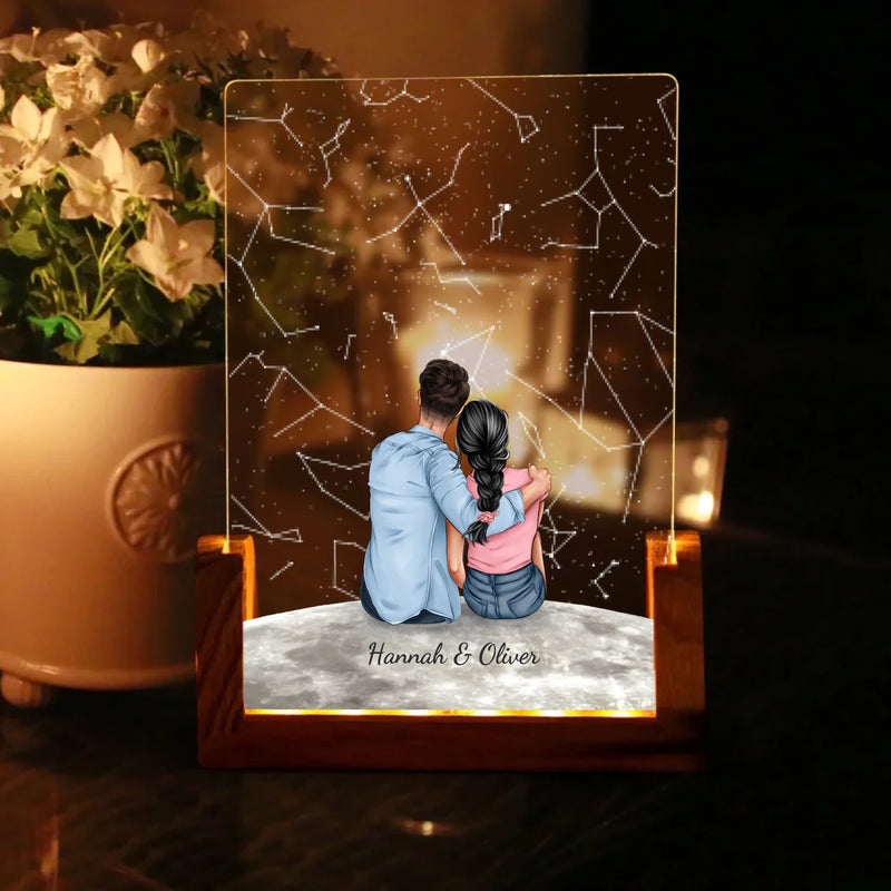 Eckiger LED Aufsteller Sternenhimmel mit Zeichnung und Namen als Geschenkidee zum Jahrestag von Love & Faith
