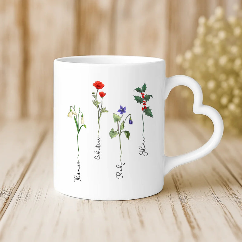 Weiße Tasse mit Herzhenkel und personalisiertem Namen – romantische Geschenkidee von Love & Faith