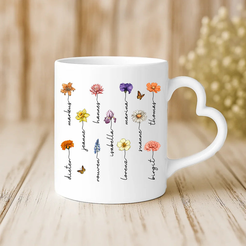 Weiße Tasse mit Herzhenkel und personalisiertem Namen – romantische Geschenkidee von Love & Faith