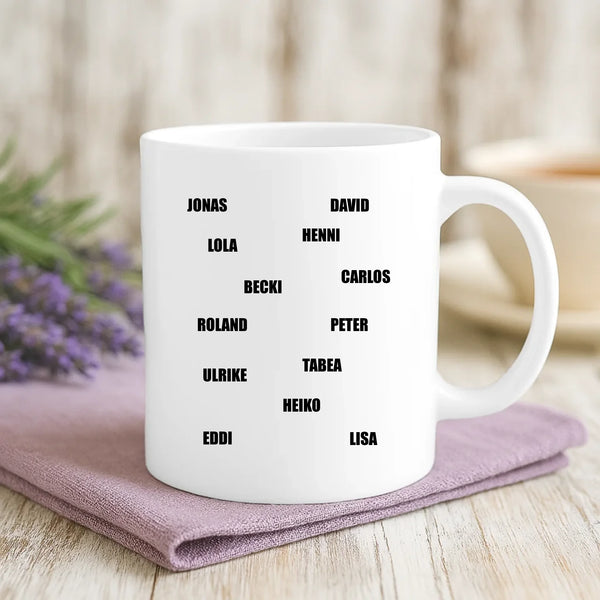 Weiße Tasse mit personalisiertem Spruch und Namen – individuelle Geschenkidee von Love & Faith