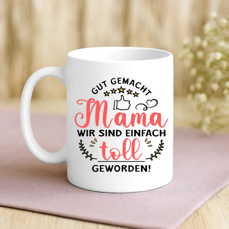 Weiße Tasse mit personalisiertem Spruch und Namen – individuelle Geschenkidee von Love & Faith