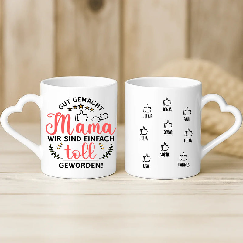 Weiße Tasse mit Herzhenkel und personalisiertem Namen – romantische Geschenkidee von Love & Faith