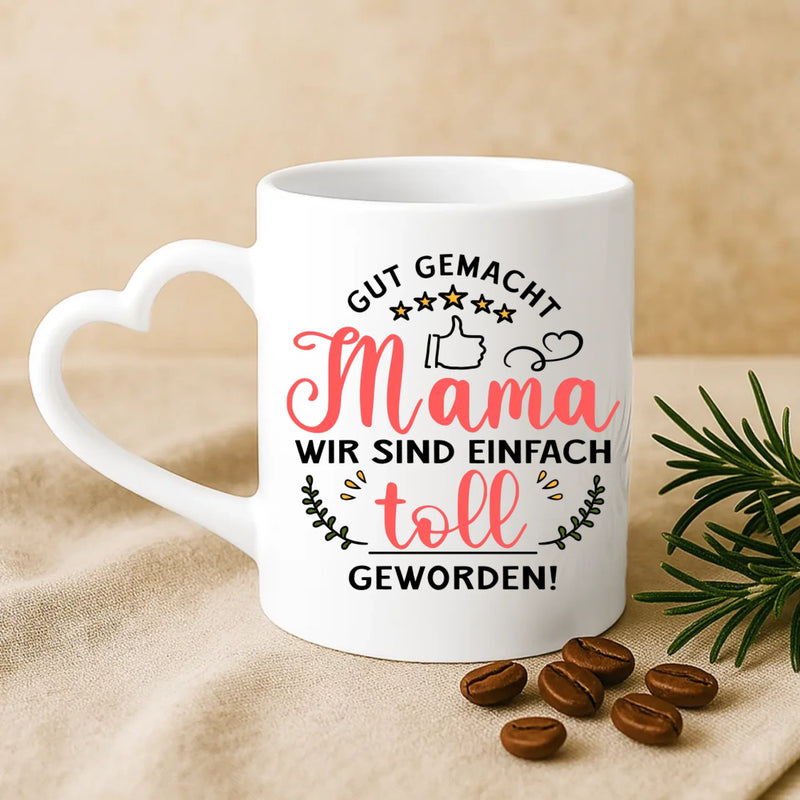 Weiße Tasse mit Herzhenkel und personalisiertem Namen – romantische Geschenkidee von Love & Faith