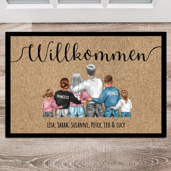 Willkommen Fussmatte 60x40cm mit Familienillustration personalisiert von Love & Faith