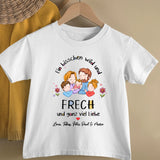 Weißes T-Shirt für Kinder mit Spruch "Ein bisschen wild und frech und ganz viel Liebe" Mit personalisierter Familienzeichnung und Namen - Individuelle Geschenkidee von Love & Faith