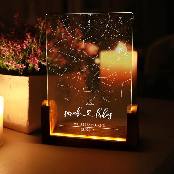 Eckiger LED Aufsteller Sternenhimmel mit Namen als Geschenkidee zum Jahrestag von Love & Faith
