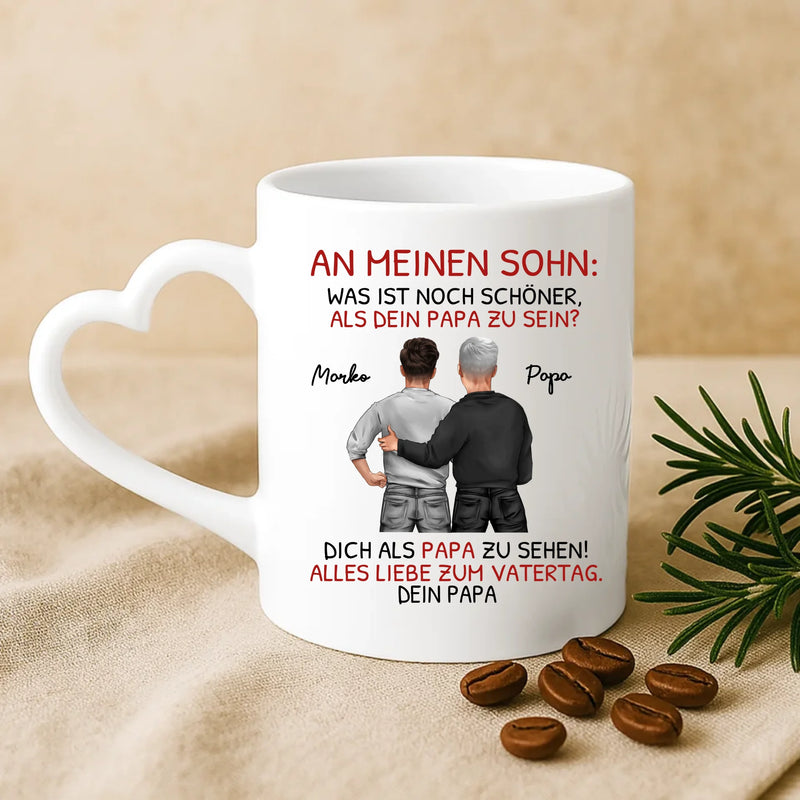 Weiße Tasse mit Herzhenkel für Vatertag mit Illustration und Namen – Vatertag Geschenkidee von Love & Faith