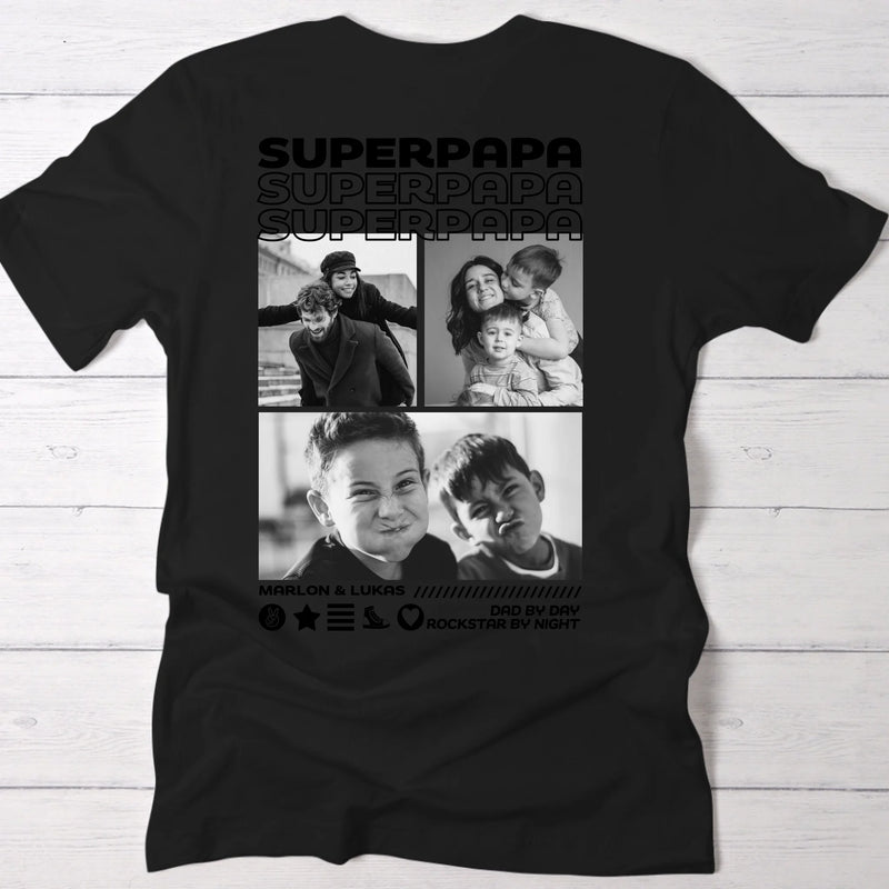 Schwarzes Unisex T-Shirt mit Supermama Backprint und eigenem Foto personalisierte Geschenkidee von Love & Faith